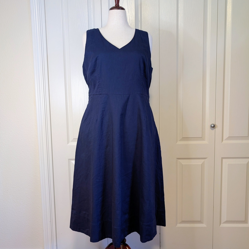 Boden Linen Sleeveless Midi Dress with Waist Tie | Navy Blue | EUC | 16L